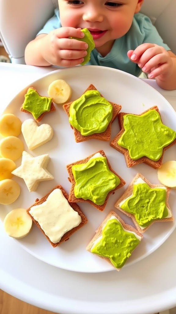A plate of finger sandwiches for babies with avocado and cream cheese, cut into fun shapes, next to banana and cucumber pieces.
